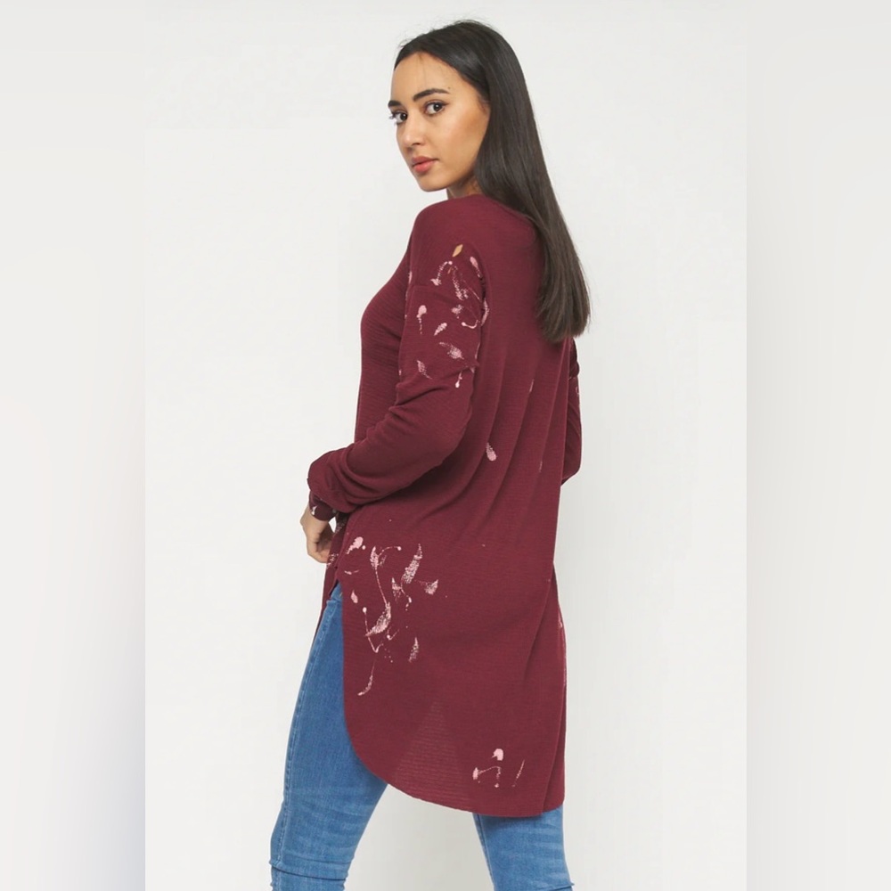 Long sleeve Destroyed Knit Top-Burgundy - Picture 2 of 9